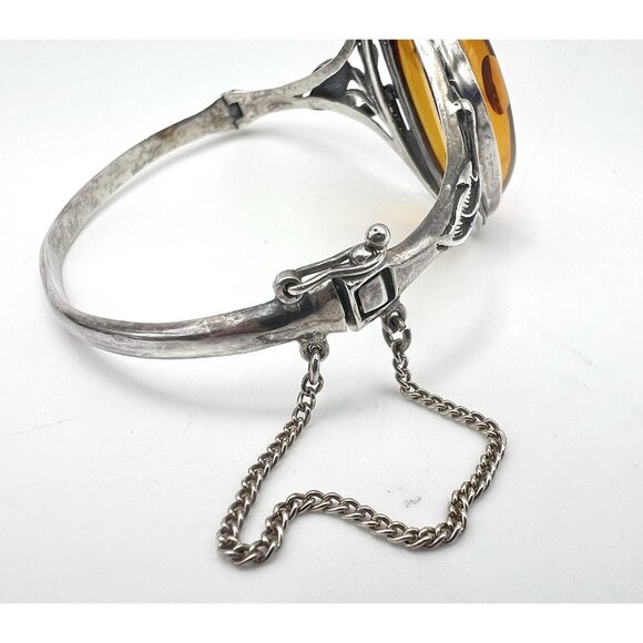Vintage Art Nouveau Style Baltic Amber Sterling Silver Hinged Bangle Bracelet - Picture 12 of 16